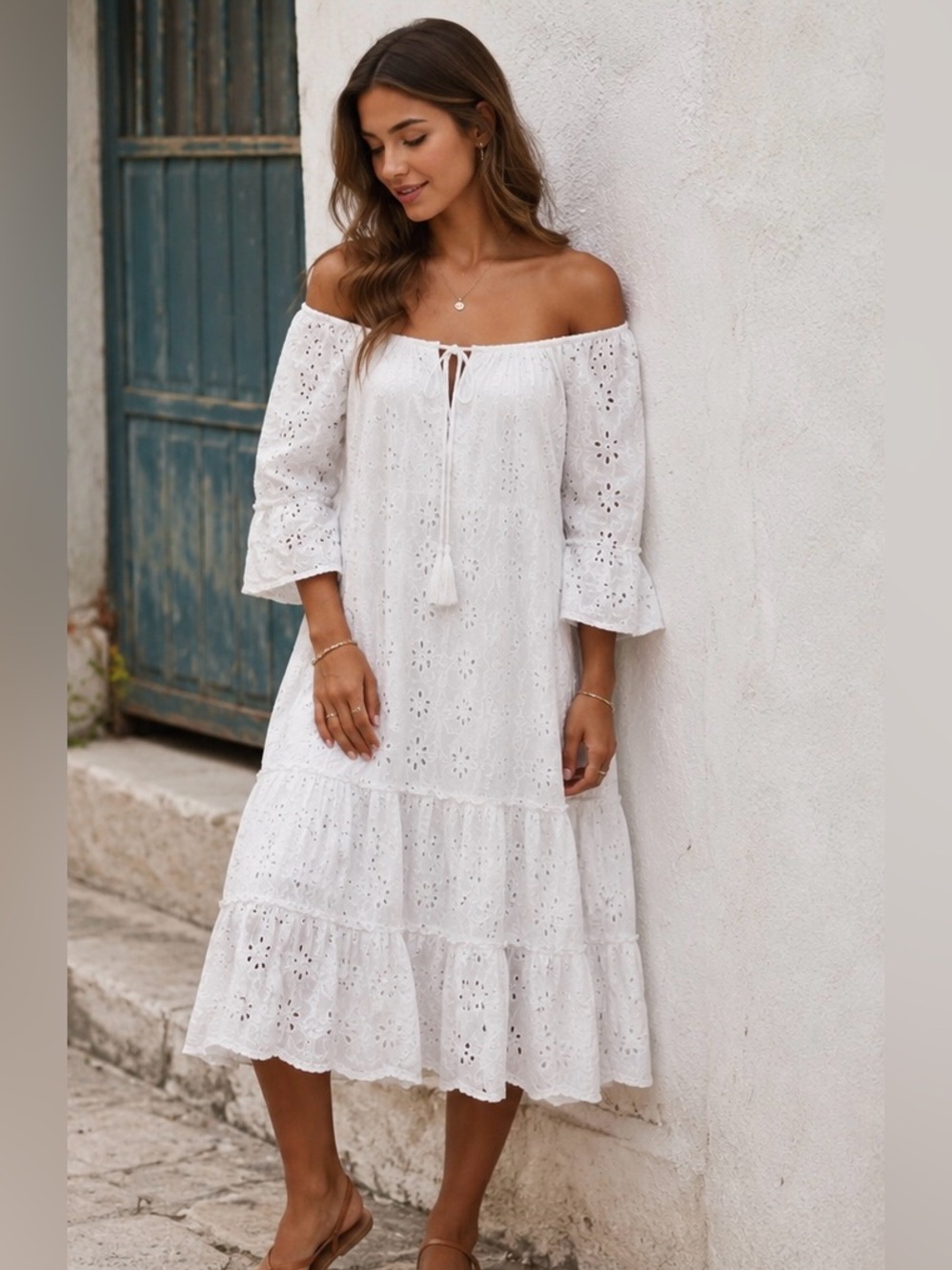 NWT Calypso St. Barth White Cotton Eyelet Lined Dress Midi Tired Boho Sz. M / L